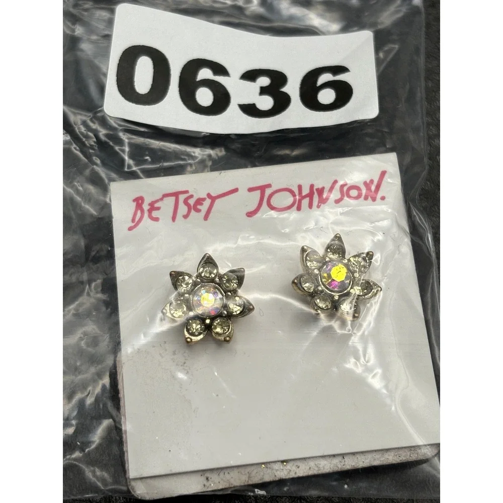 Betsey Johnson Gold Tone Aurora Borealis Crystal Flower Stud Earrings